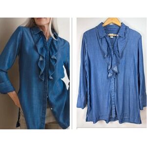 Chicos Womens Ruffle Neck Lyocell Denim Top Size 2 Blue Romantic Coastal Blouse